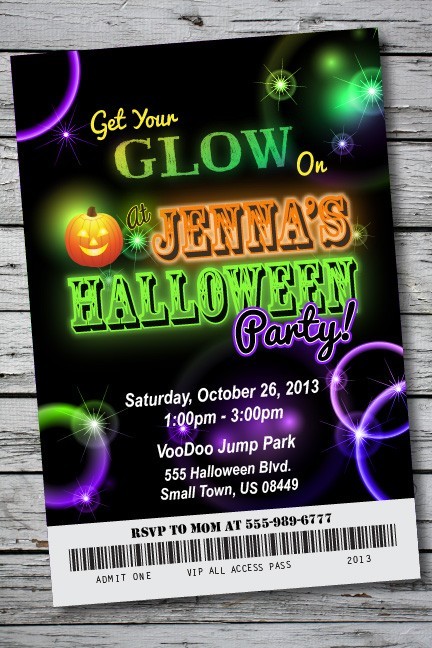 GLOW IN THE DARK Halloween Party Invitation Ticket NEON Birthday Costume Disco