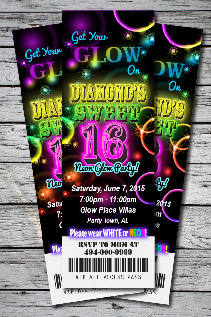 Sweet 16 GLOW in the Dark Theme NEON Birthday Party Invitation TICKET 2.5×7